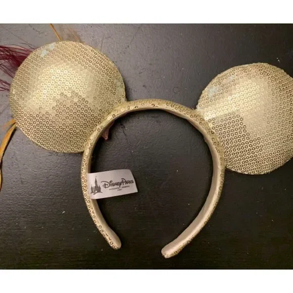 Disney Park Minnie Mouse Ears Gold Sequin Feather Roaring 20s Flapper Flower EUC